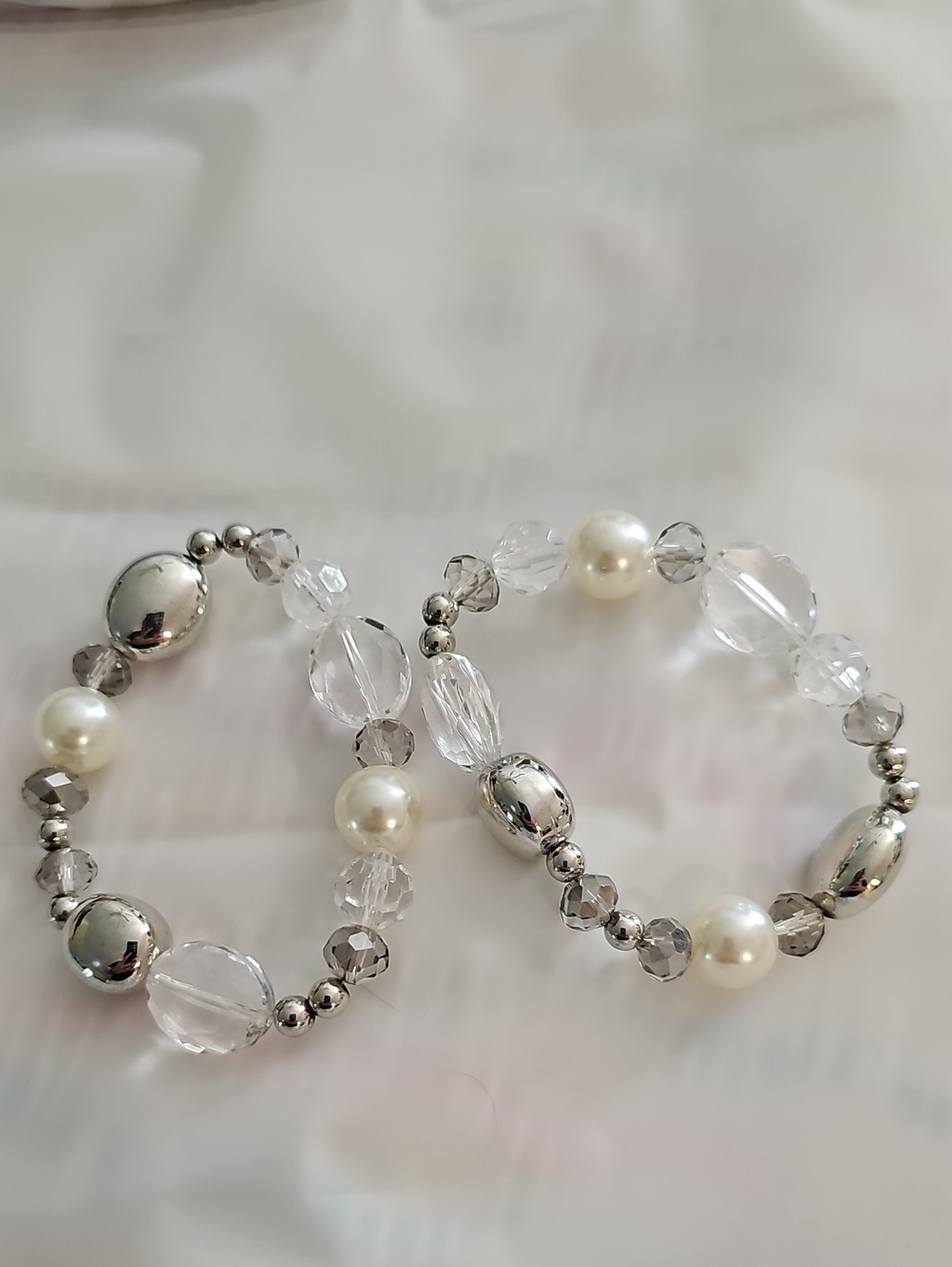 Crystal & Pearl Stretch Bracelet Set - Clear and Ivory